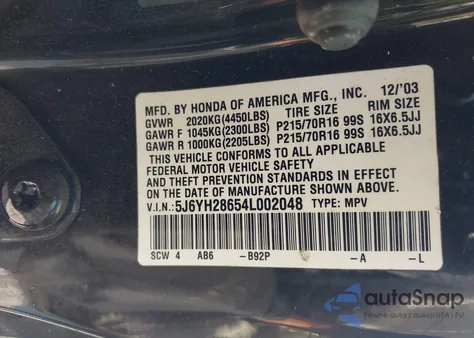 2004 Honda Element Ex from USA, damaged, VIN 5J6YH28654L002048